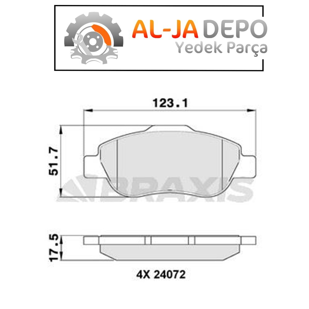 BRAXIS AA0102 ON FREN BALATASI PANDA 169 1.24×4 10 / 04> 1.3JTD 09 / 03> 1.3JTD4×4 10 / 04> (FISSIZ) ABS'LI ARACLAR ICIN